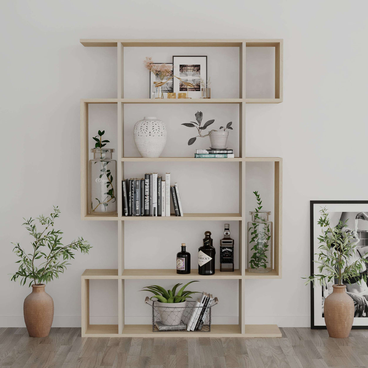 Decortie modern bookcase in light wood with geometric shelves for stylish storage and display