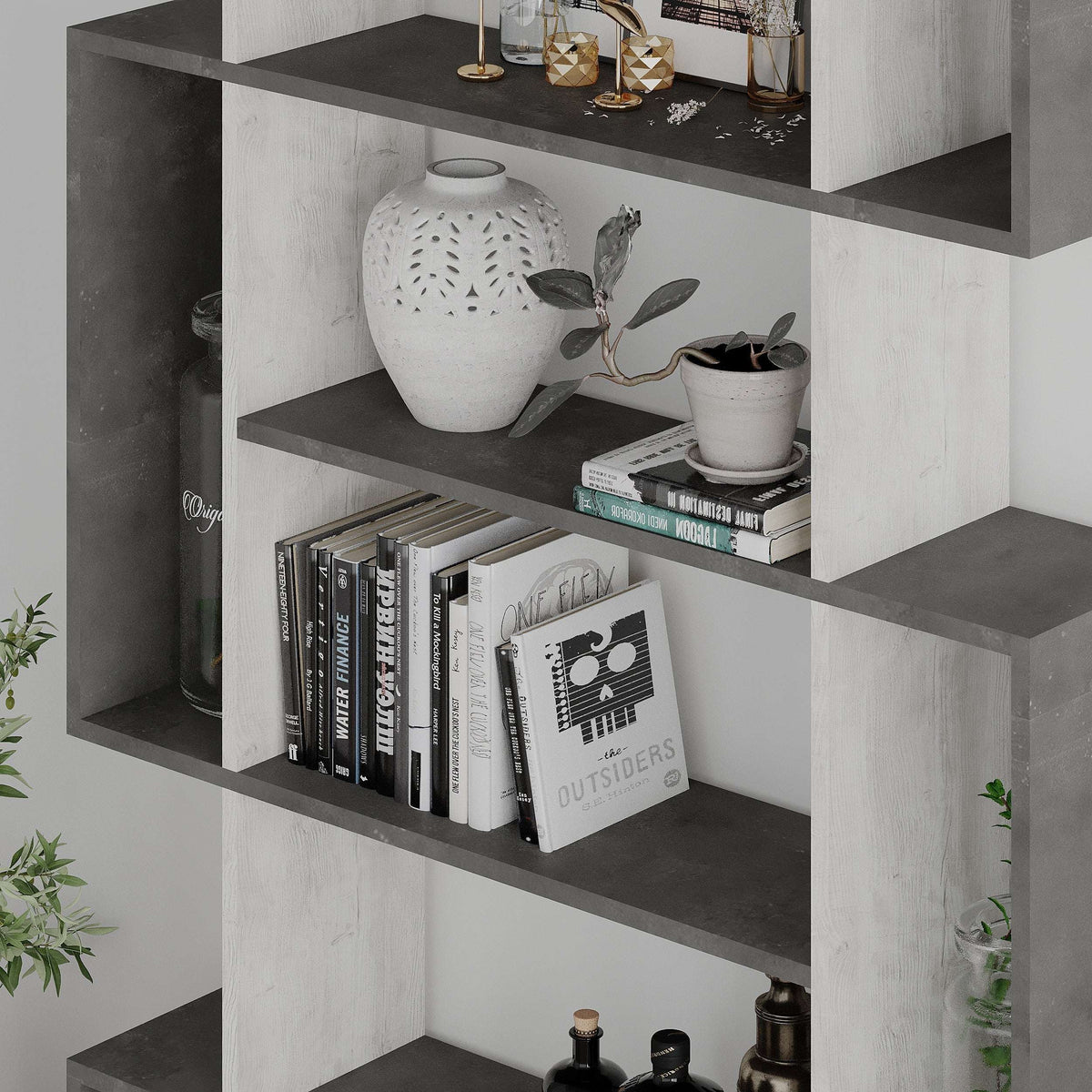 Decortie modern bookcase with stylish decor items and books on grey shelves
