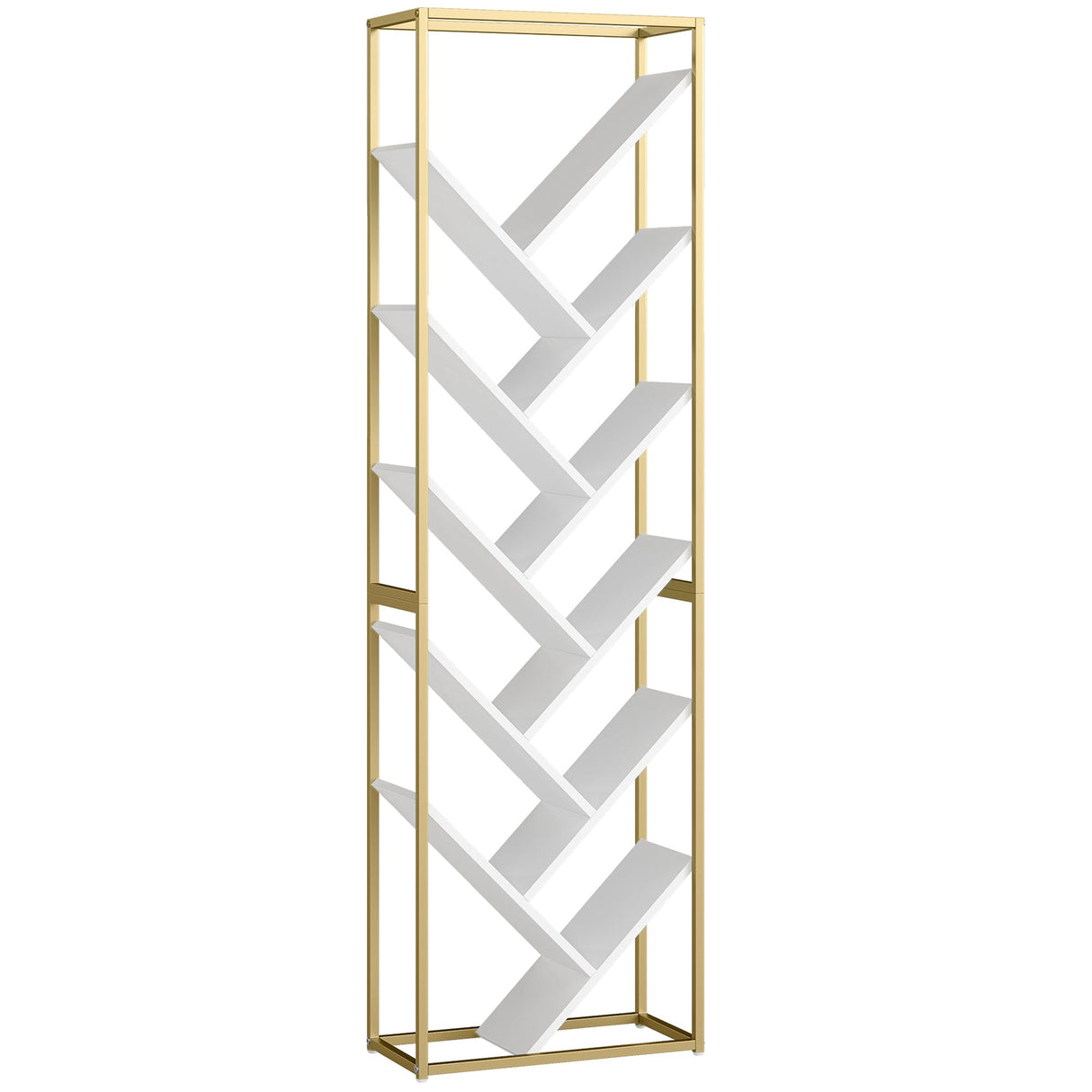 Modern gold frame bookshelf with unique chevron design and white shelves for stylish storage