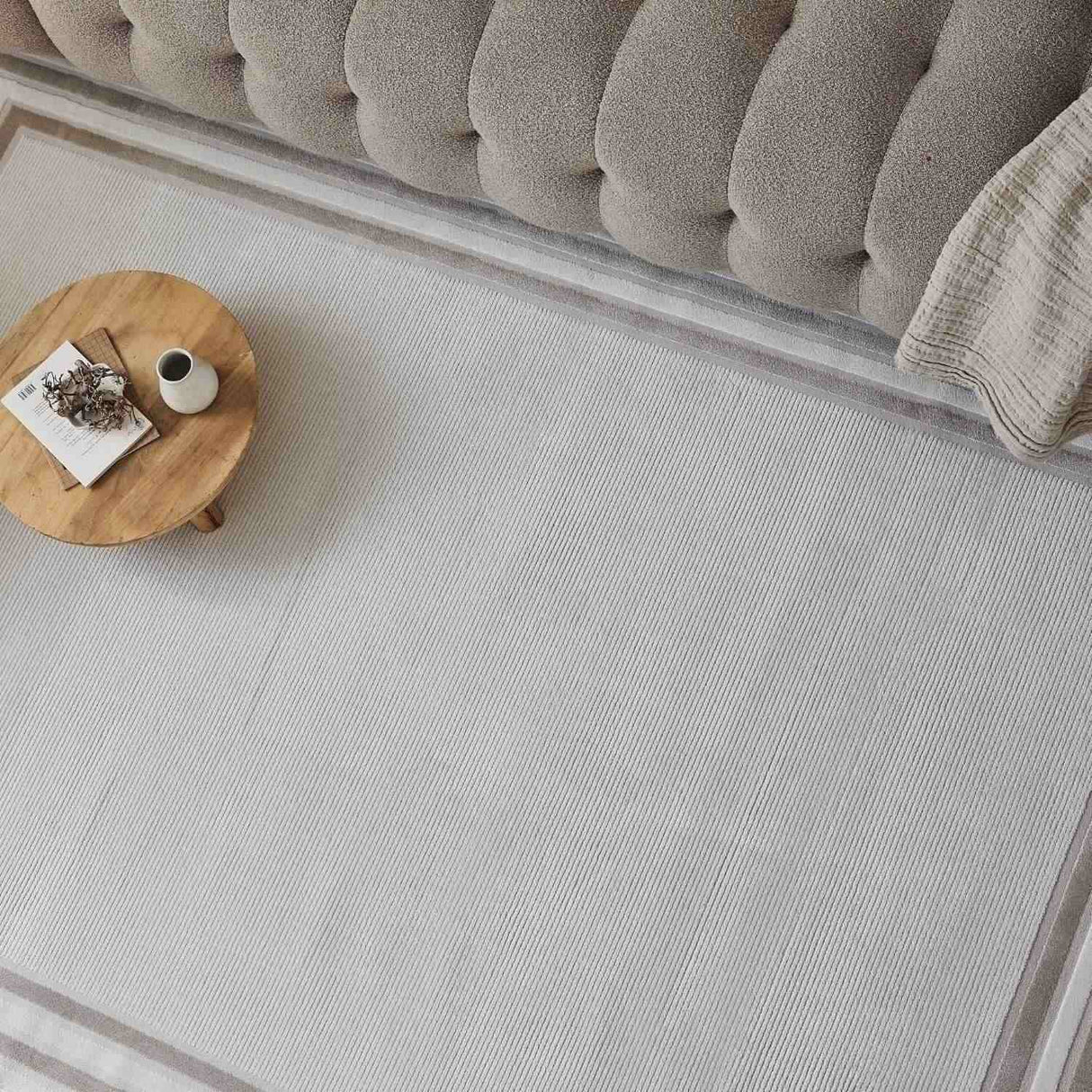 Stylish bordered rug in light grey with a delicate border, perfect for modern living spaces