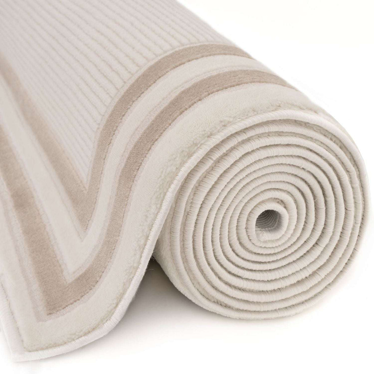 Plush Bordered Rug in beige and cream, showcasing a rolled design for versatile home decor