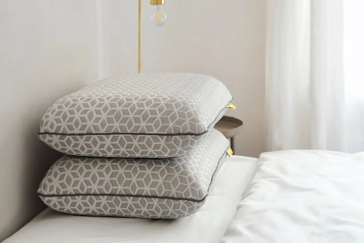 Brightr Sleep adjustable memory foam pillow with a grey geometric design, perfect for side sleepers