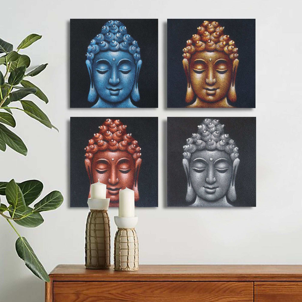 Set of 4 Buddha Heads Sand Detail 40x40cm AW-Dropship