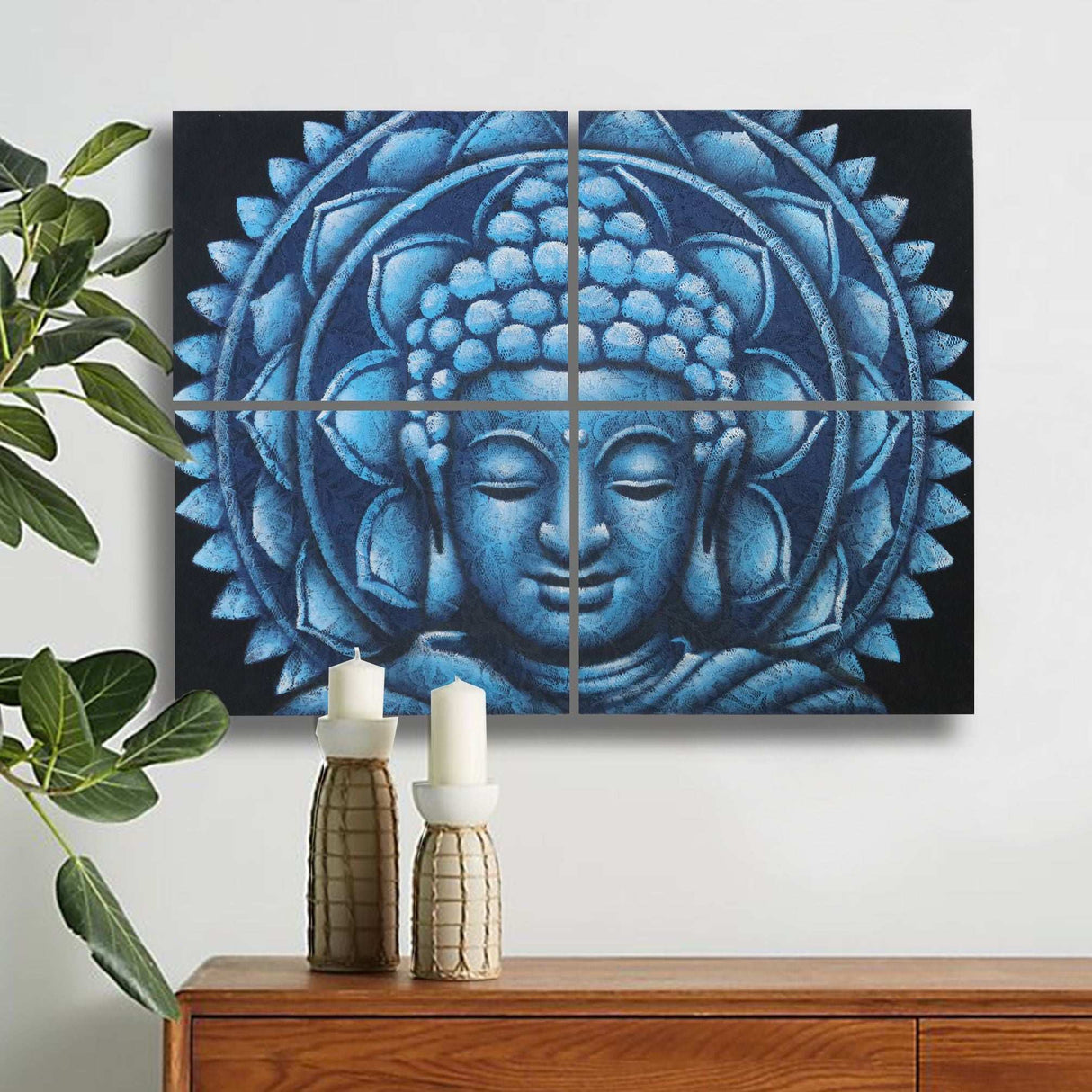 Set of 4 Blue Buddha Mandala Brocade Detail 30x40cm AW-Dropship