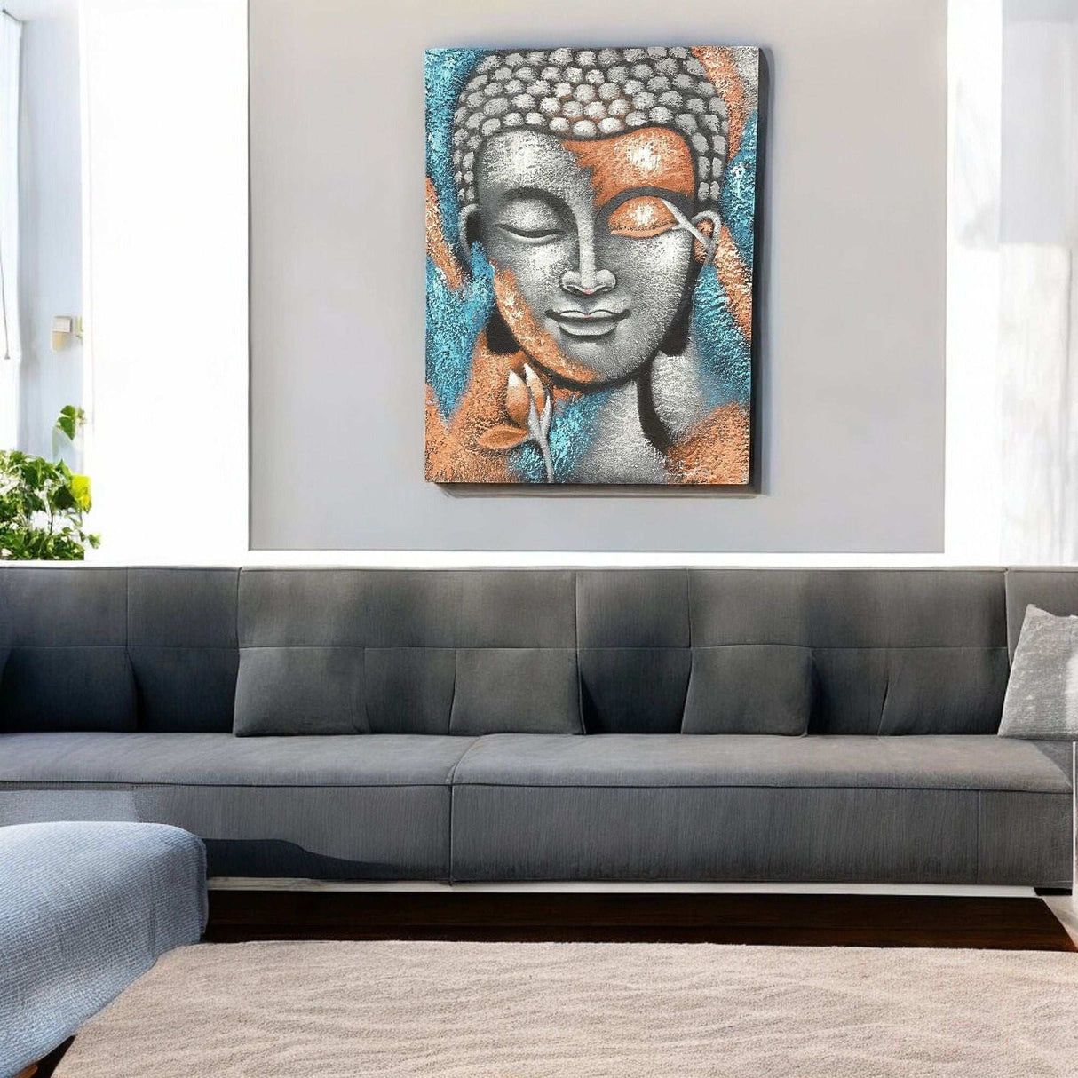 Buddha Painting - Silver & Rose Gold Flower 75x55cm AW-Dropship