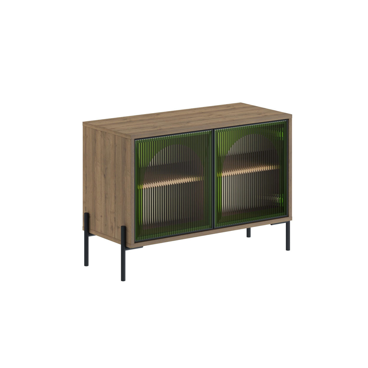 Decortie Buffet Cabinet in Wood with Green Glass Doors and Metal Legs for Stylish Storage