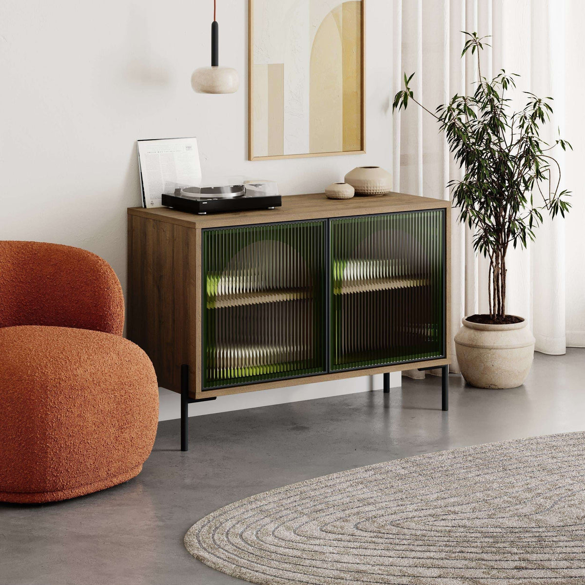 Decortie Buffet Cabinet in wood and green with stylish design, perfect for modern living spaces