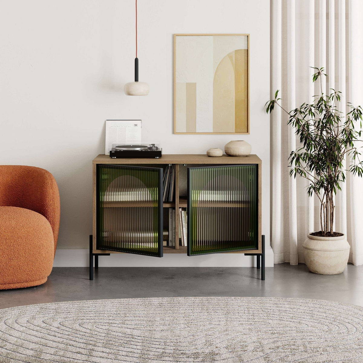 Decortie Buffet Cabinet with Green Glass Doors and Wooden Base in a Modern Living Room Setting