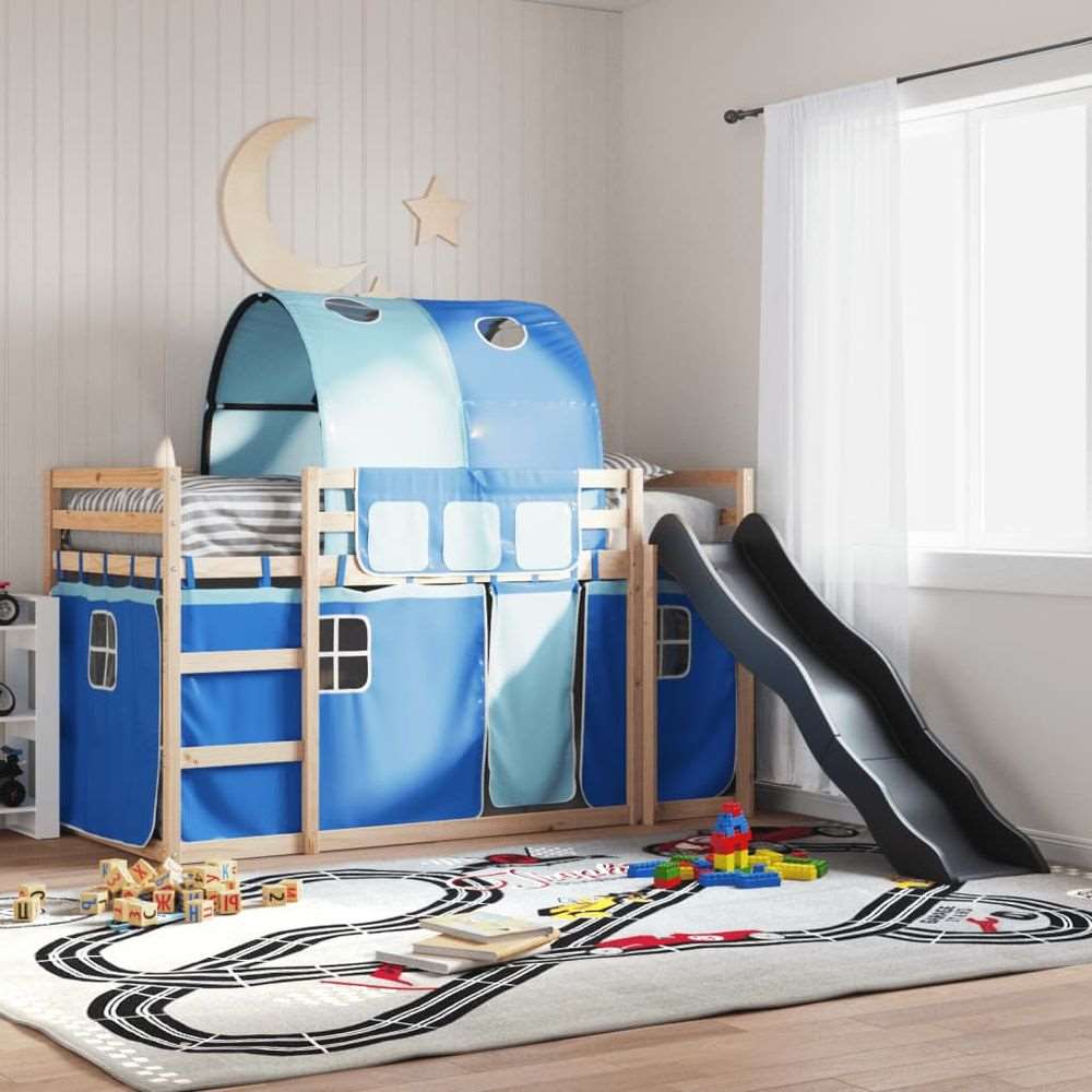 vidaXL Bunk Bed with Slide and Curtains White and Black 90x200 cm blue vidaXL
