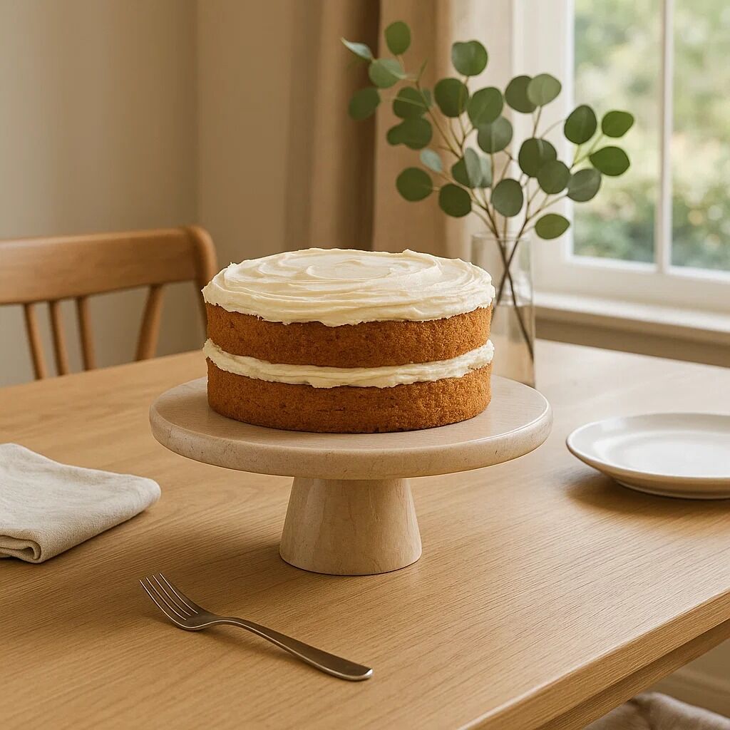 Orsina Cake Stand with a Cream Frosted Layer Cake on a Wooden Table