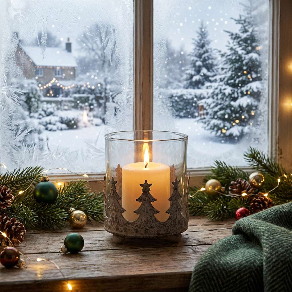 Winter scene featuring a beautifully designed candle holder with a lit candle, surrounded by festive decorations