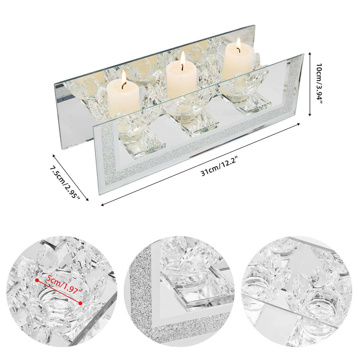 Elegant mirrored Candle Holder with three crystal votive cups and decorative diamond accents