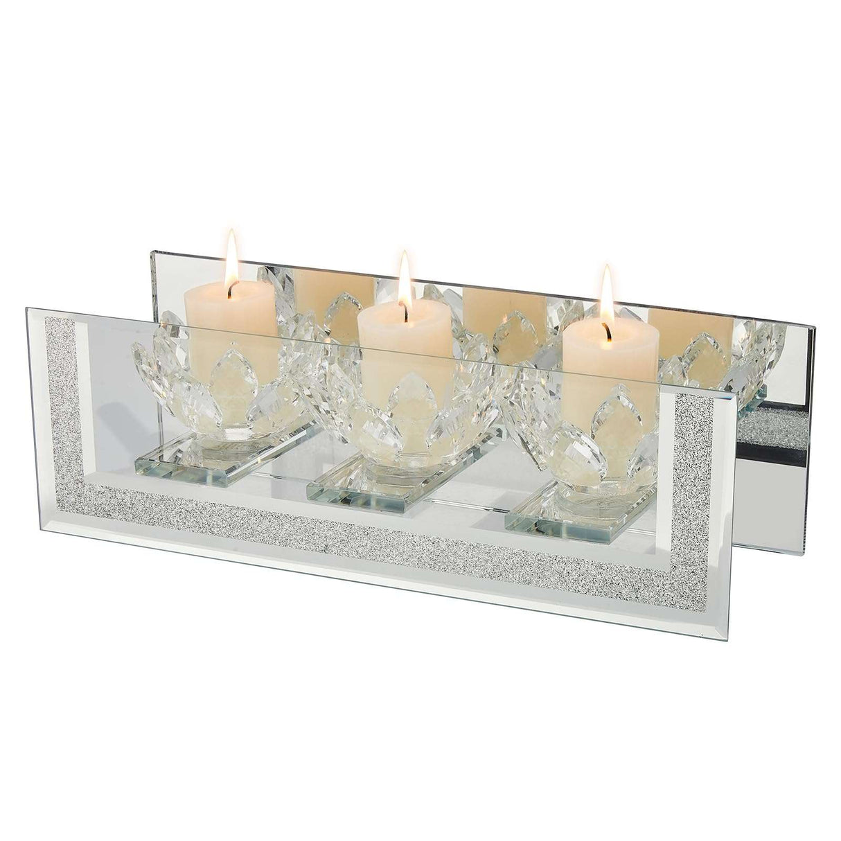 Elegant candle holder featuring three crystal lotus flower designs surrounded by a mirrored base