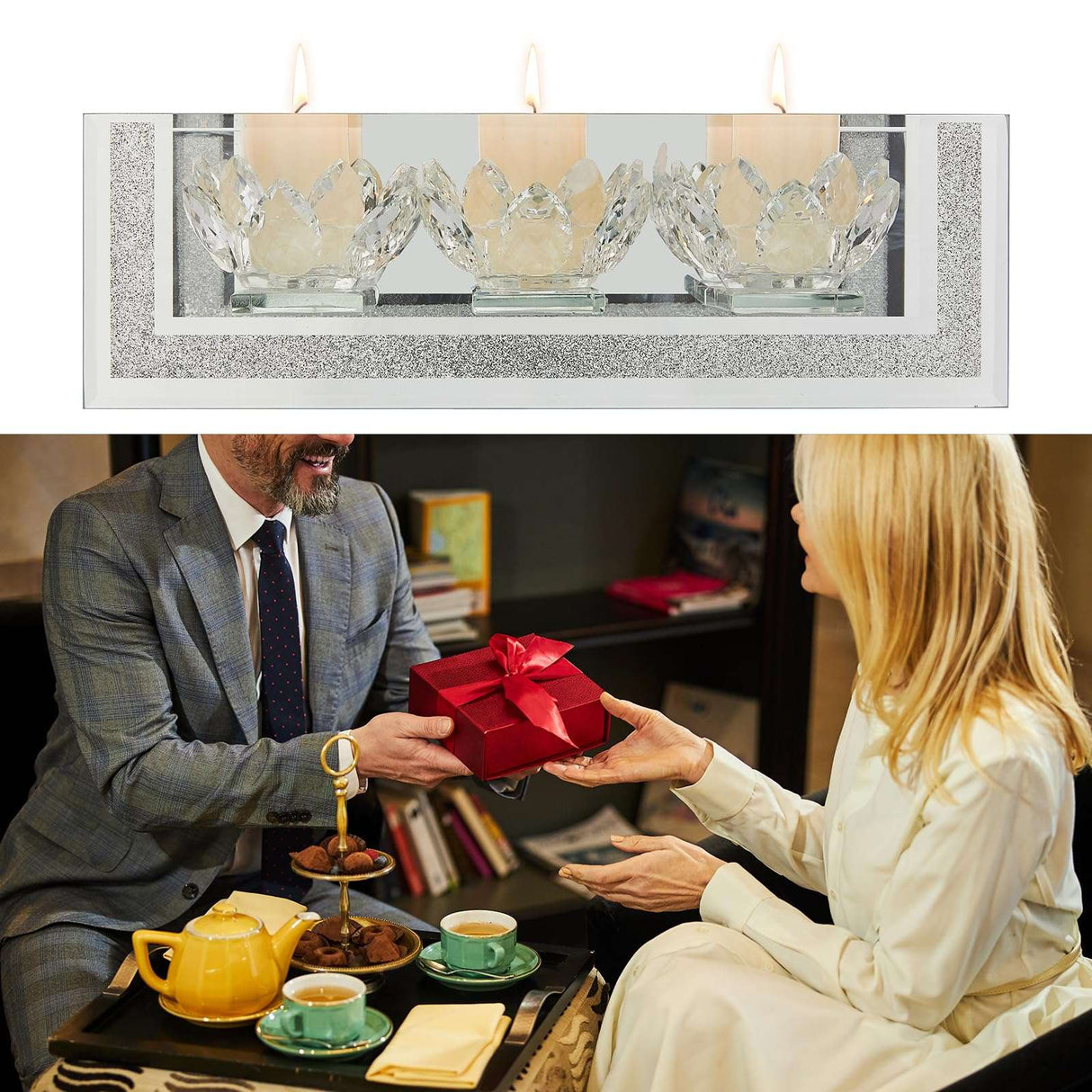 Elegant candle holder with three clear glass lotus flowers, perfect for enhancing any living space