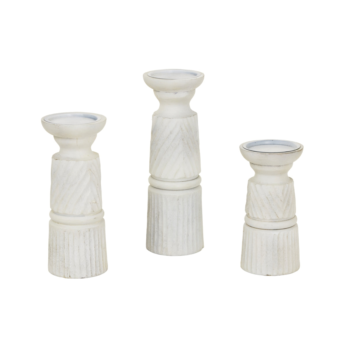 Set of three decorative white candle holders with textured designs for elegant home decor