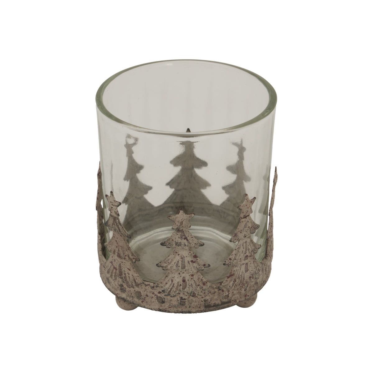 Elegant glass candle holder featuring a decorative tree design for a festive Christmas ambiance