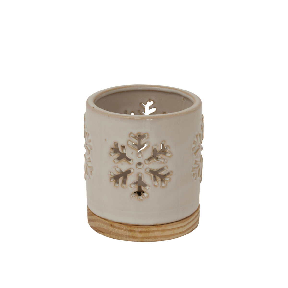 Decorative ceramic candle holder with snowflake cutouts, perfect for Christmas ambiance