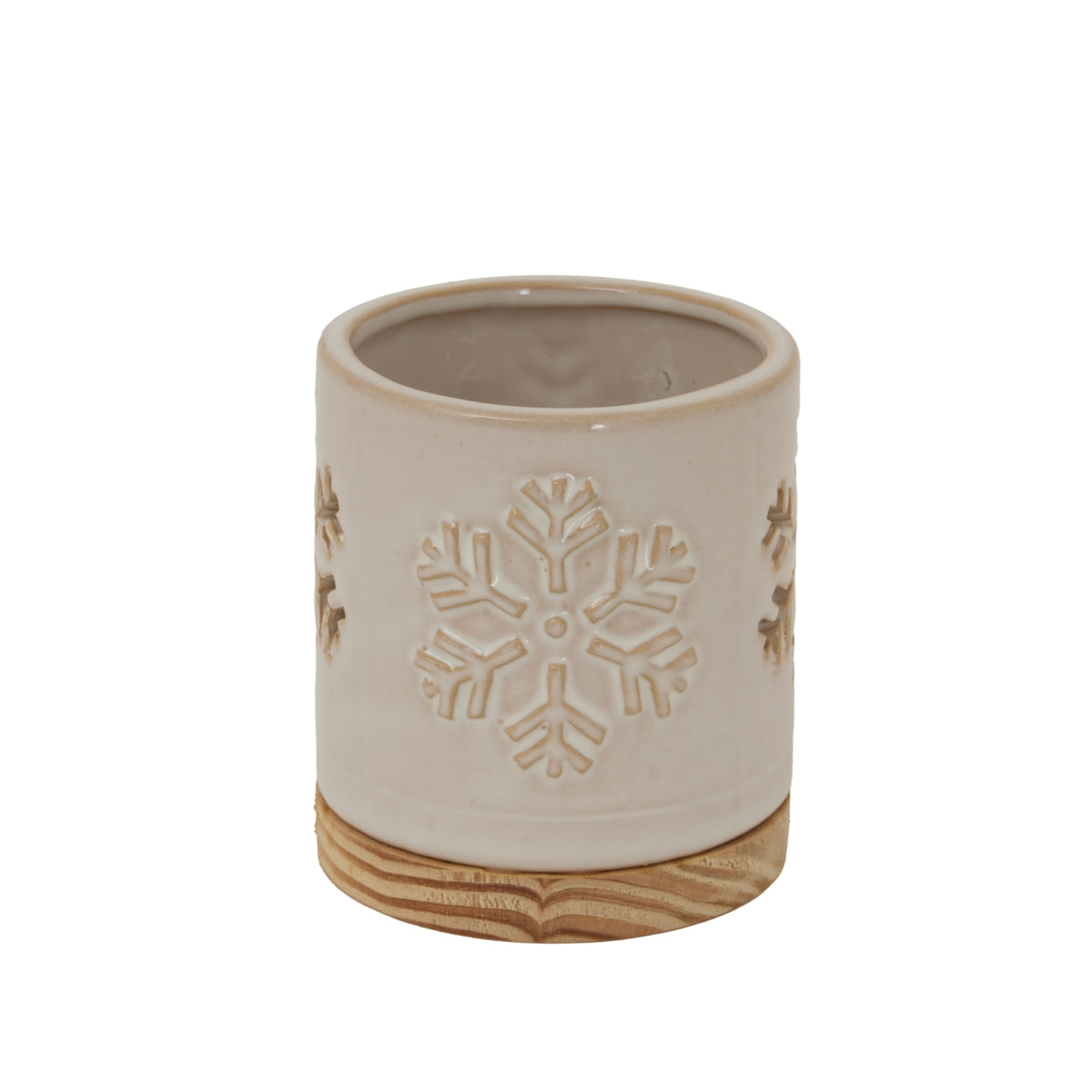 Ceramic Candle Holder with Snowflake Pattern and Wooden Base for Christmas Decor