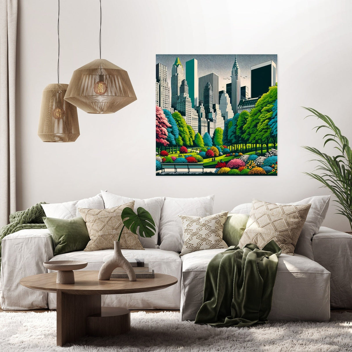 Beautiful cityscape canvas artwork depicting vibrant greenery and skyscrapers in a modern living room