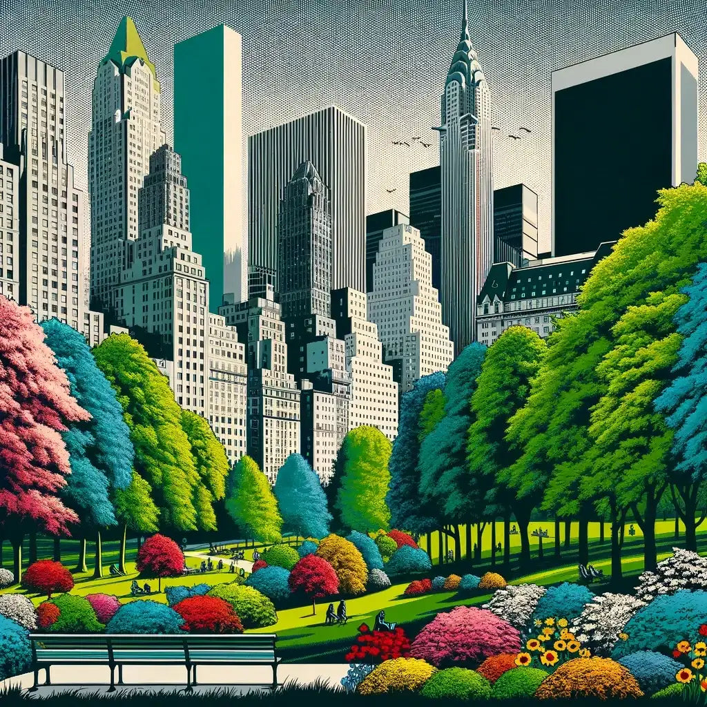 Vibrant cityscape canvas featuring lush green parks and colourful flowers amidst tall buildings