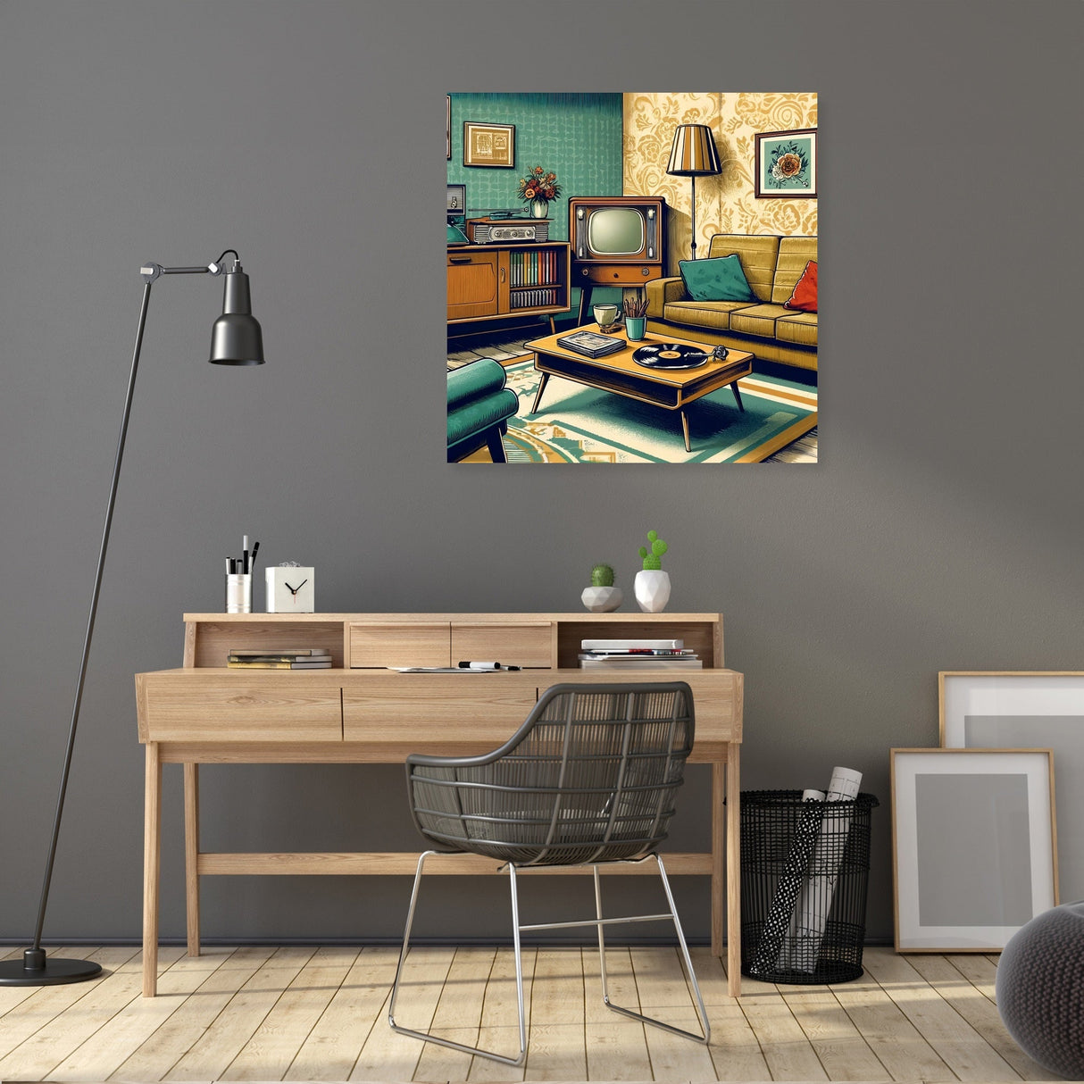 Vintage living room artwork on canvas, featuring retro furniture and decor by HOME ART HAVEN