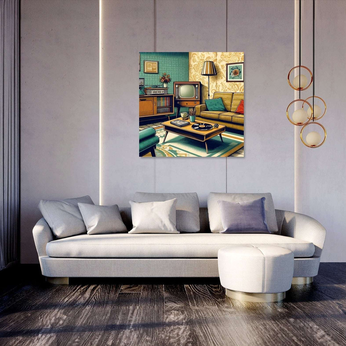 Retro living room canvas artwork featuring vintage furniture and a classic television for stylish home decor