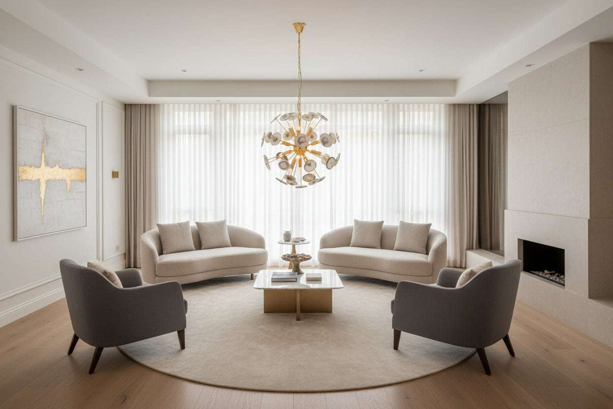 Orsina Ceiling Light hanging over a modern lounge with soft grey sofas and a round coffee table