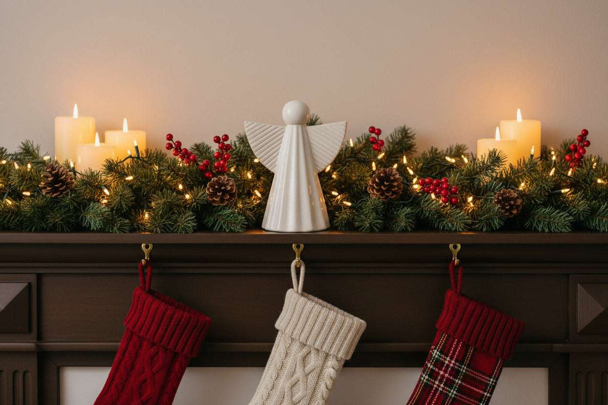 Ceramic Angel Decoration on a Festive Mantel with Stockings and Holiday Lights