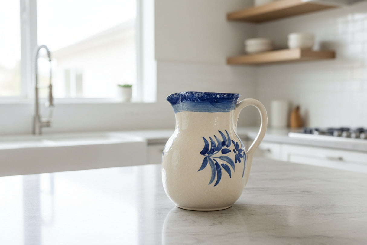 Selbrae House Ceramic Jug with Blue Floral Design on a Marble Kitchen Counter