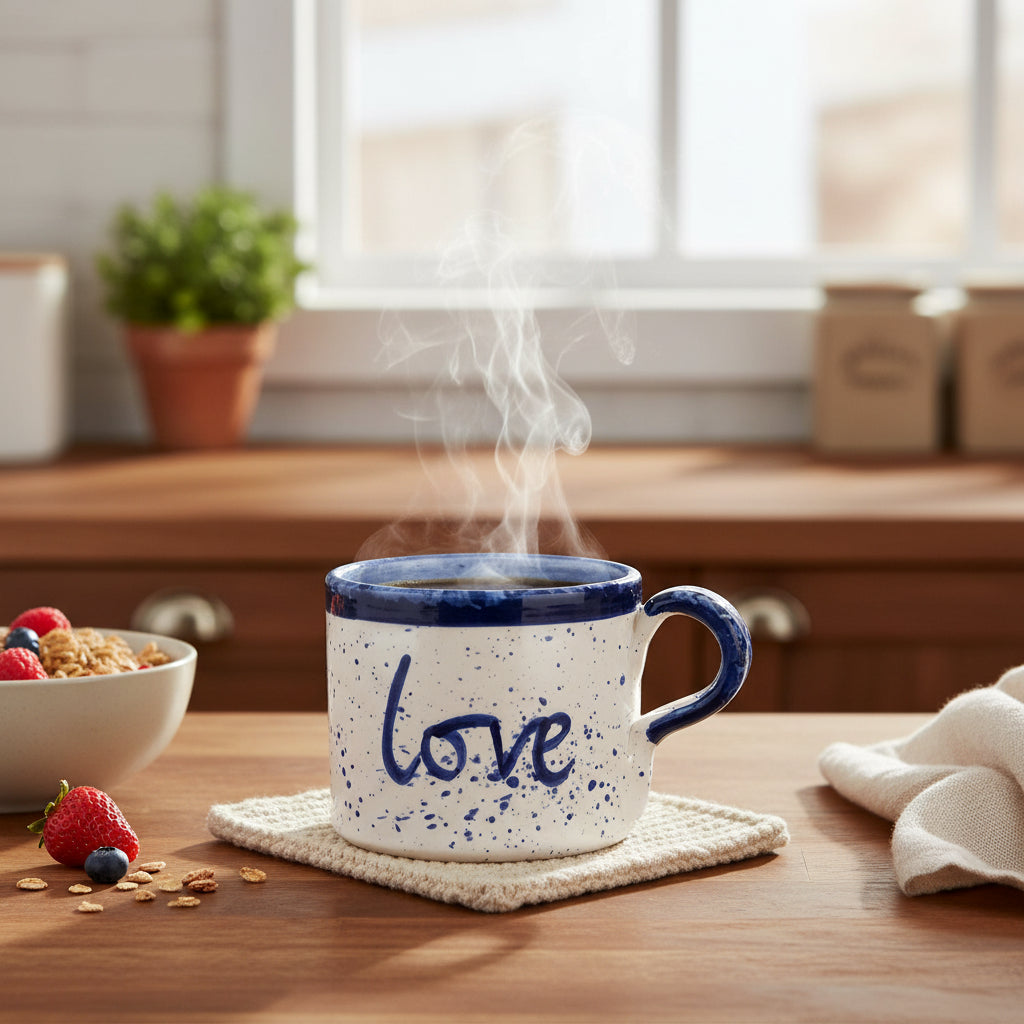 Ceramic Mug featuring a love design, perfect for enjoying hot beverages at home