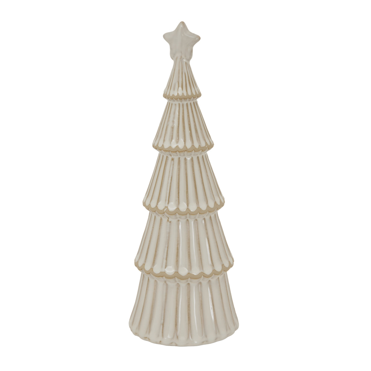 Elegant snowy layered tree decoration with a star topper for Christmas room decor