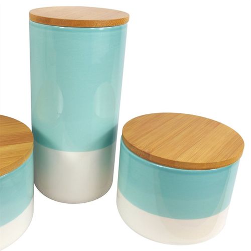 Set of Three Canisters Aqua Green Ceramic Storage Jars with Lids Leaf