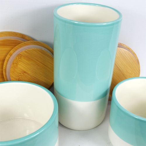 Set of Three Canisters Aqua Green Ceramic Storage Jars with Lids Leaf