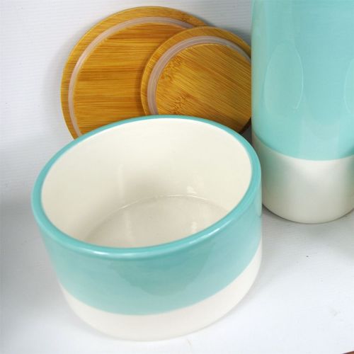 Set of Three Canisters Aqua Green Ceramic Storage Jars with Lids Leaf