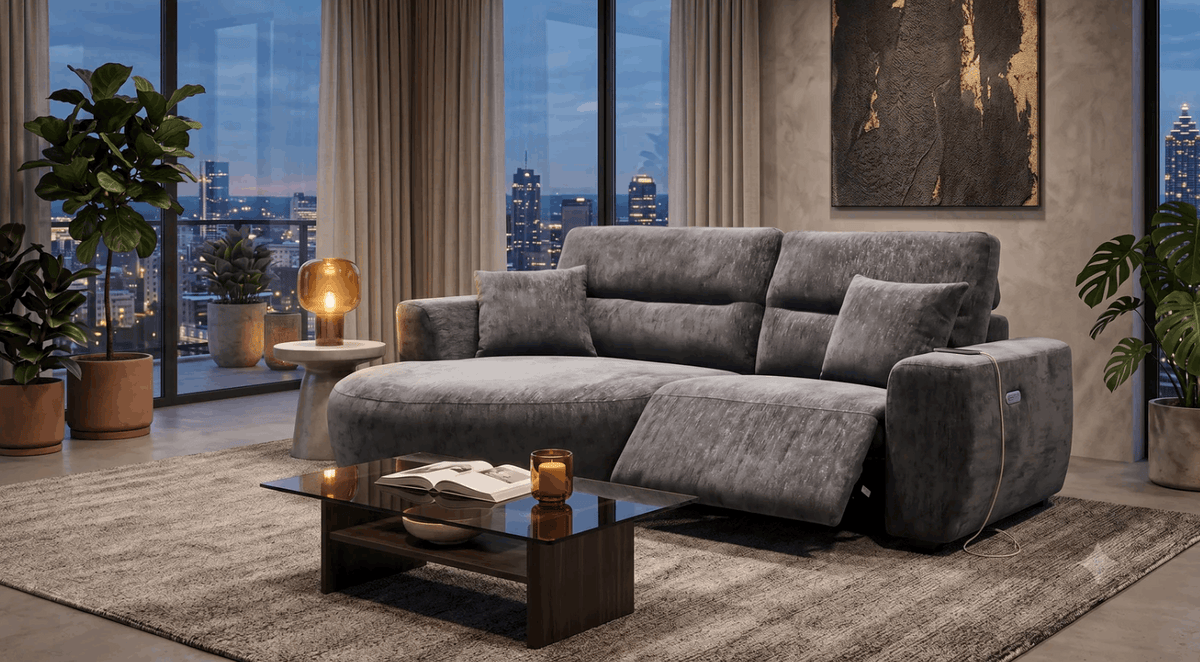 Modern grey Chaise Lounge in a stylish living room with city skyline views