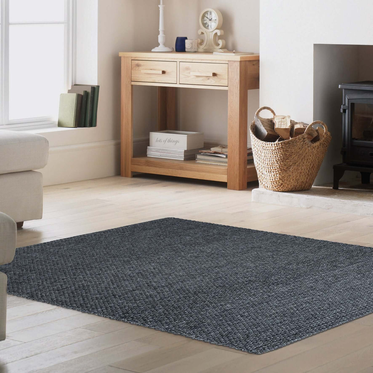 Stylish Charcoal Rug enhancing a modern living room with warm wooden furniture