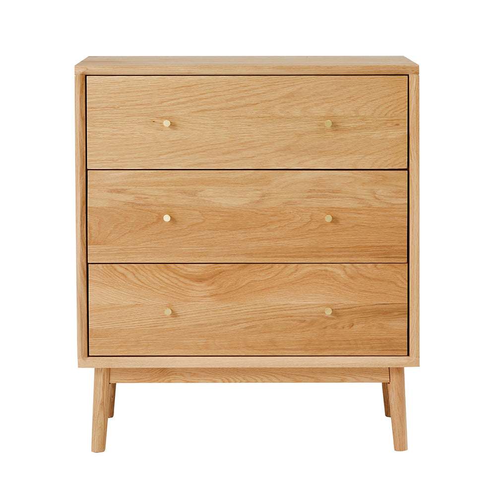 Stylish Fishe and Lilly Chest of 3 Drawers in natural wood finish with gold knobs