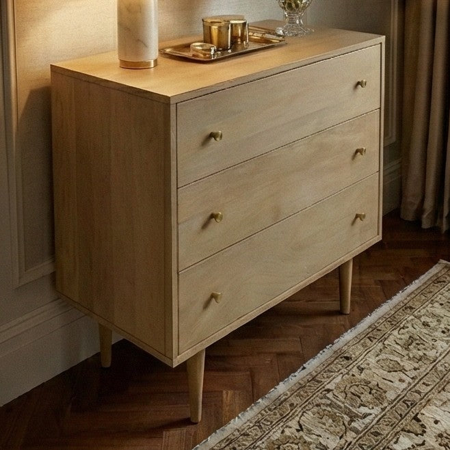 Fishe and Lilly Chest of Drawers in natural wood finish with three spacious drawers and elegant golden handles