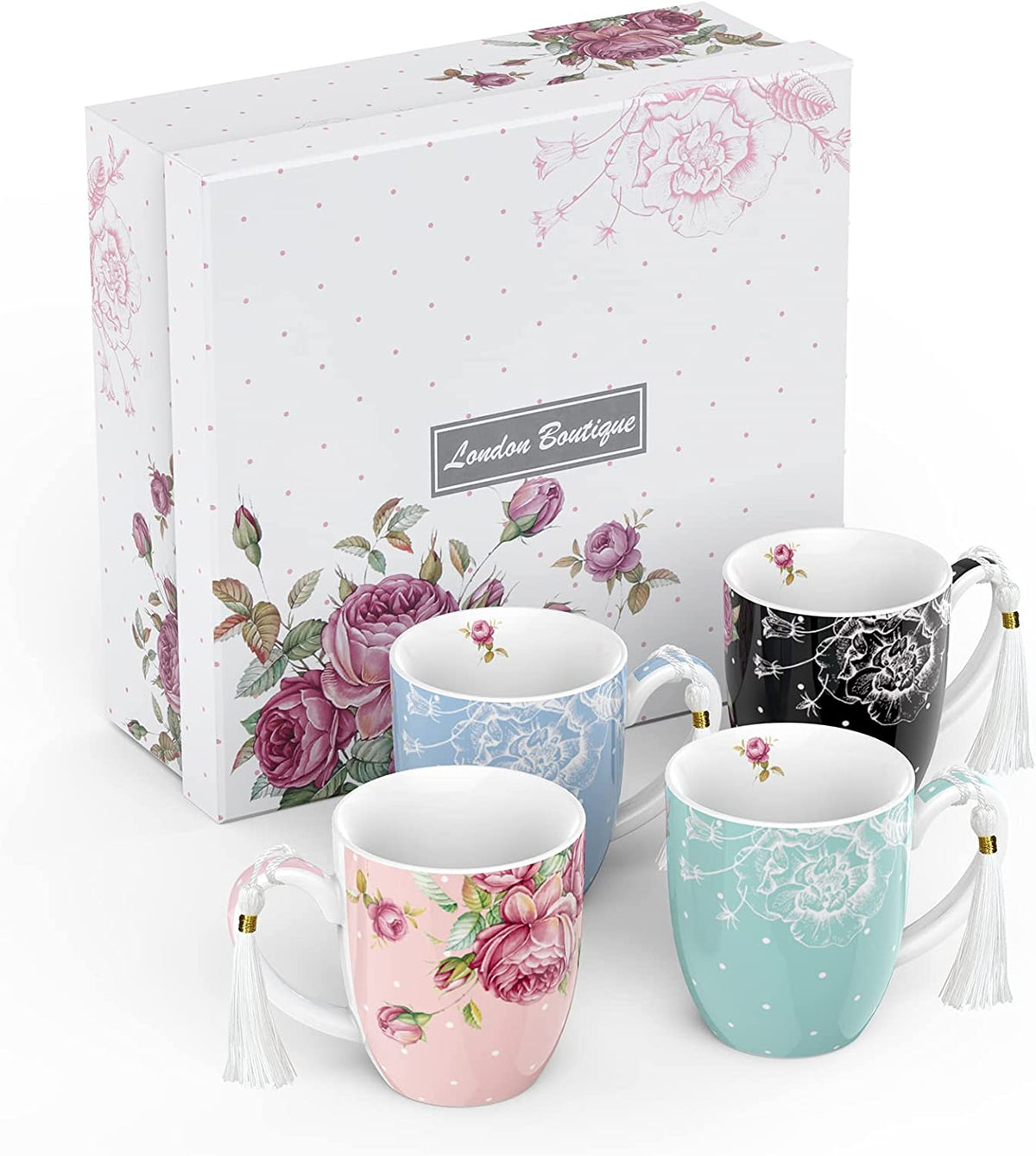 Decorative China Mugs Set in Assorted Colours with Floral Designs and Elegant Tassels