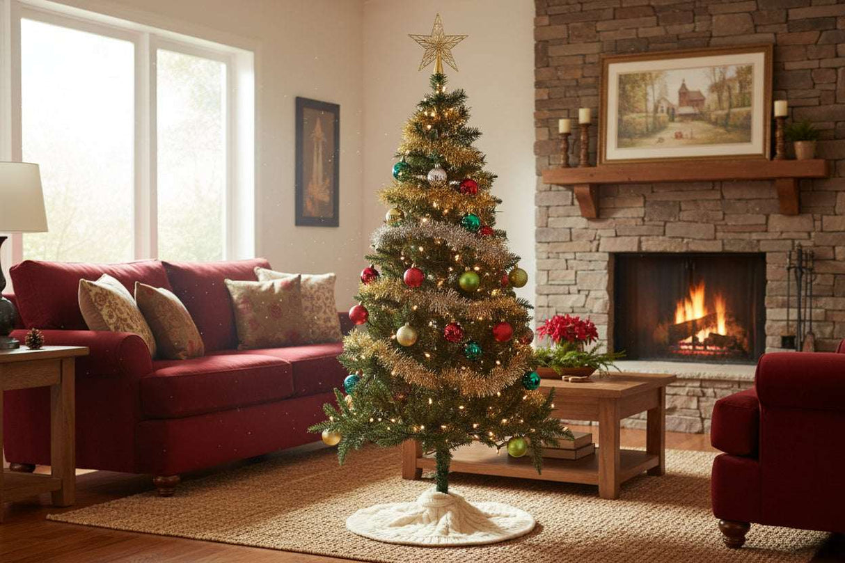 Decorative Christmas Tree with Colourful Ornaments and Twinkling Lights in a Festive Living Room