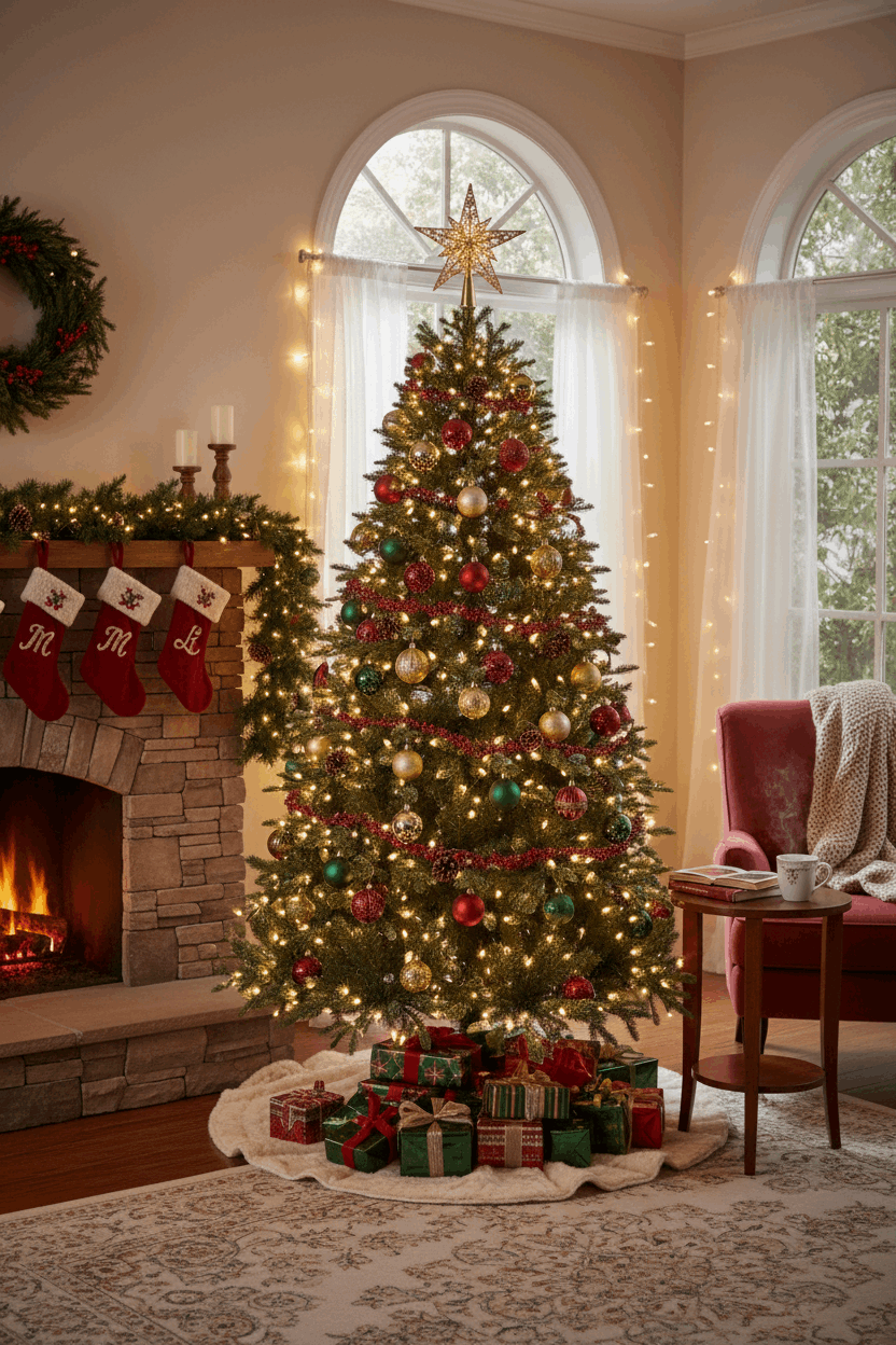 Widdop Christmas Tree decorated with gold and red ornaments, surrounded by presents and warm festive lights