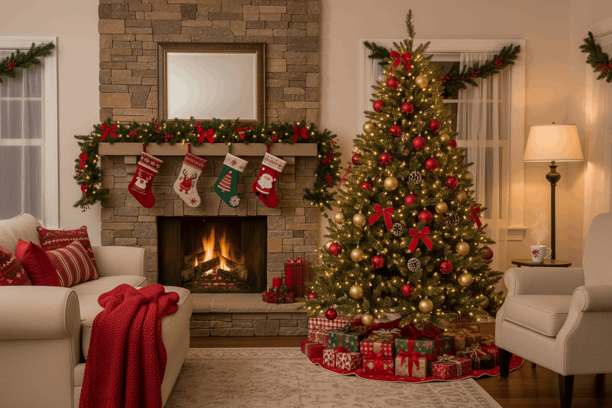 Widdop Christmas Tree decorated with red bows and gold ornaments in a cozy festive living room