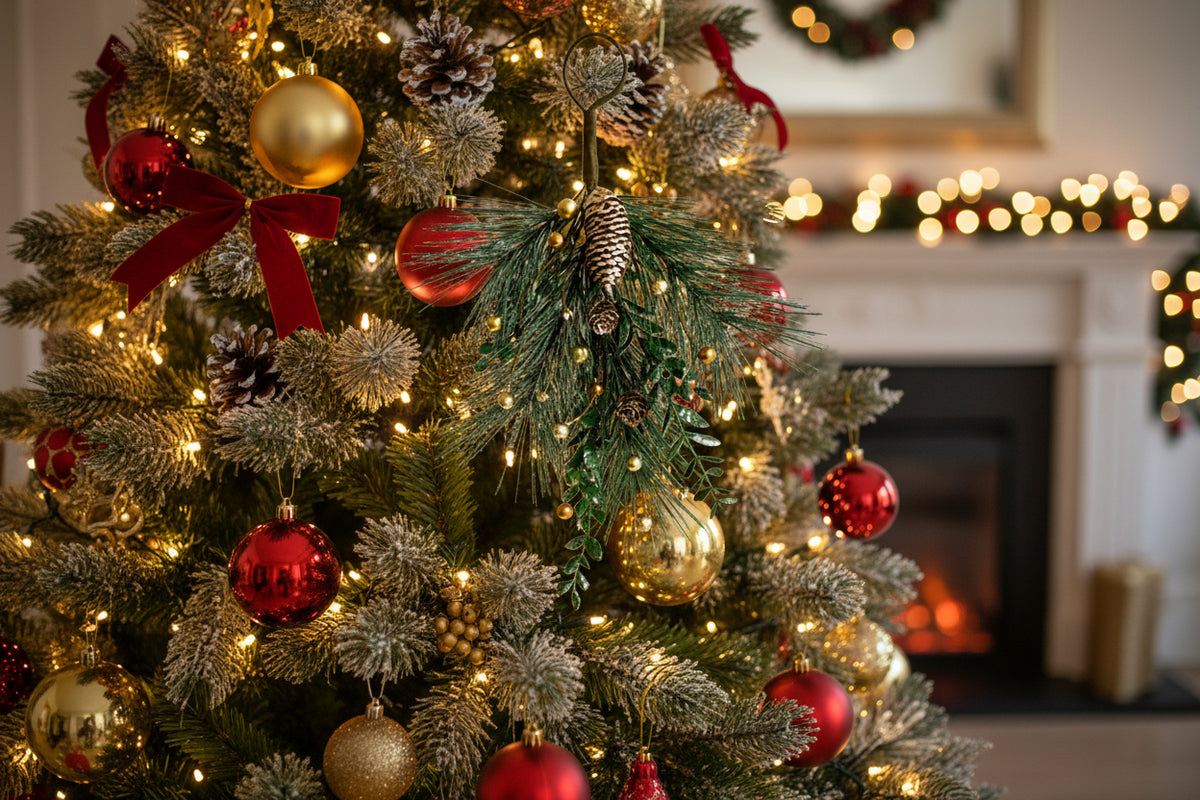 Festive Teardrop Swag with Red and Gold Baubles, Pinecones, and Greenery for Christmas Decorations