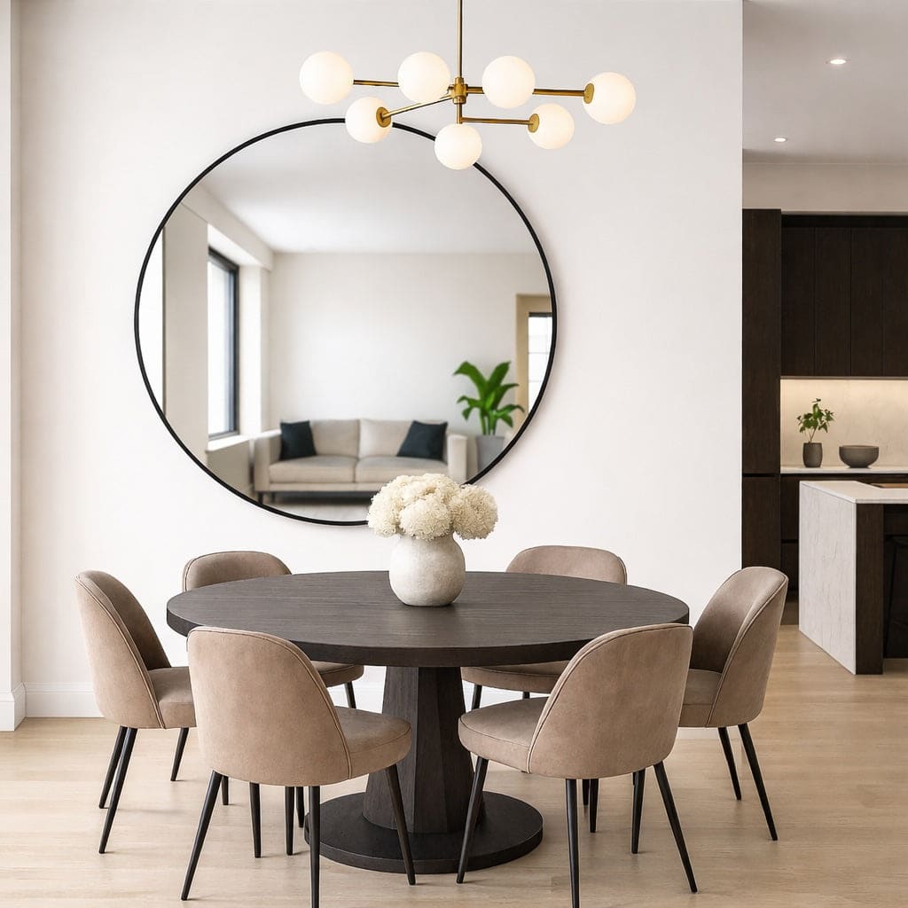 Jobu Home Circle Mirror elegantly framed, enhancing the modern dining room decor