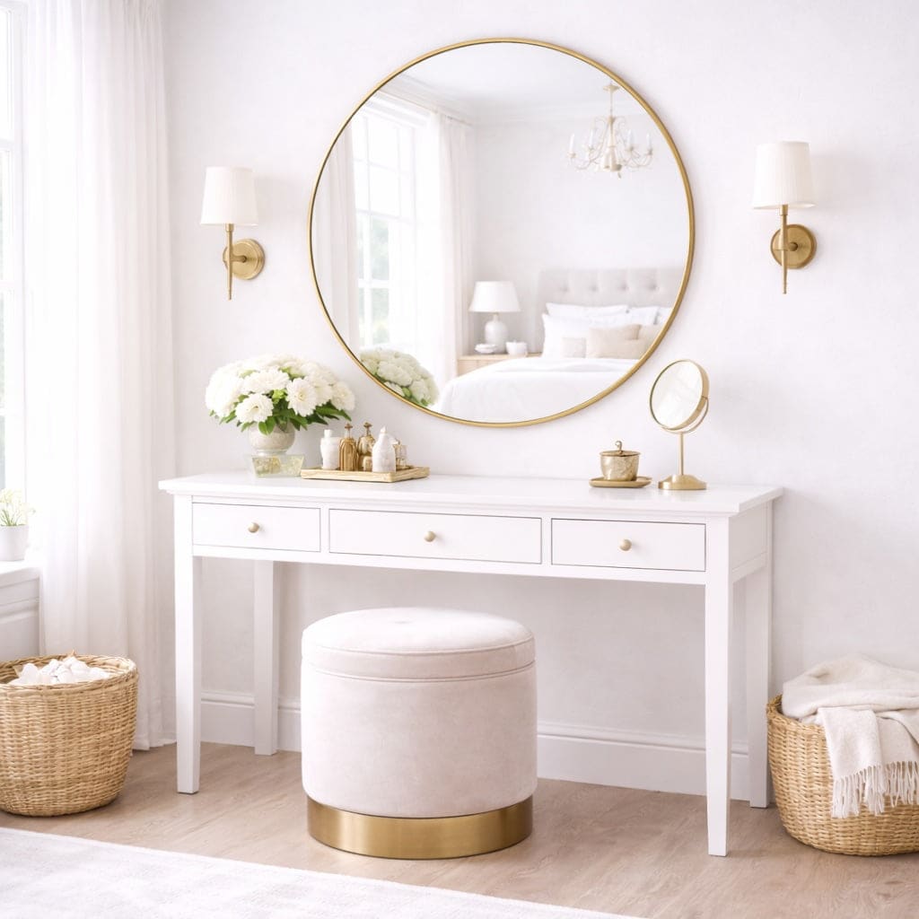 Elegant Circle Mirror with Gold Frame above a White Console Table in a Bright Bedroom