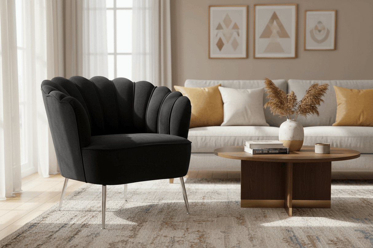 Widdop Elegant Black Cocktail Chair with Scalloped Design and Sleek Metal Legs in a Modern Living Room