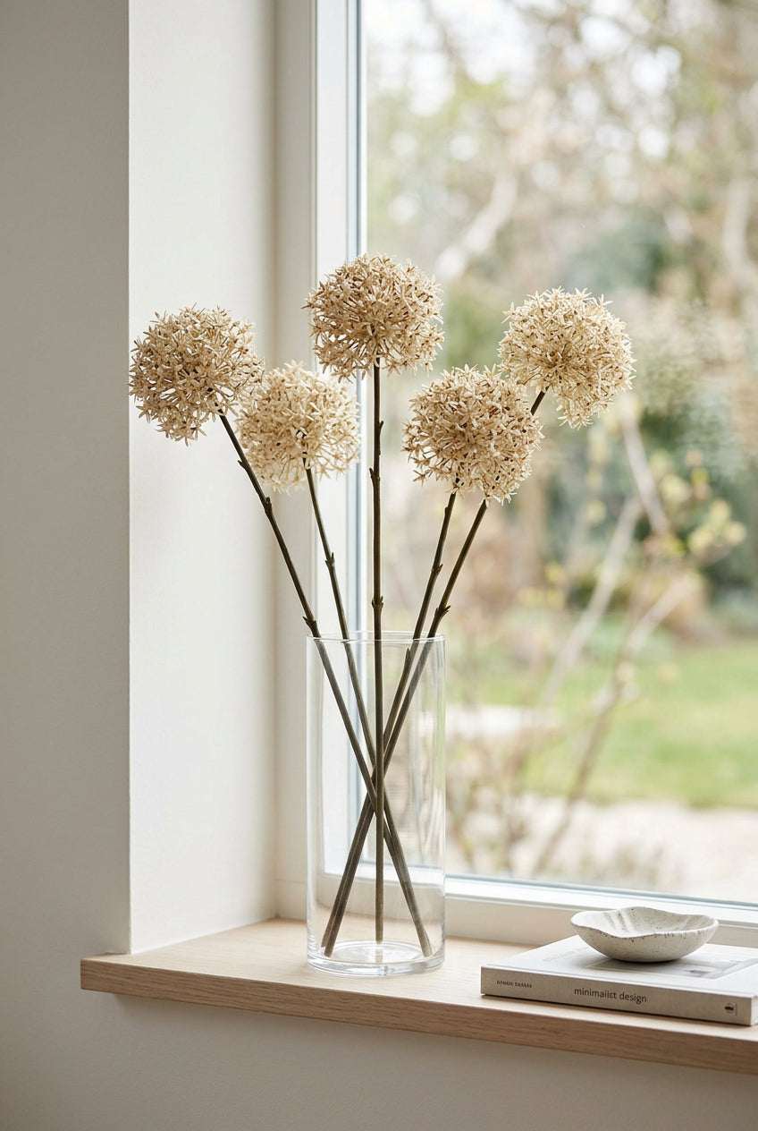 Coffee Allium single stem flowers in a clear vase, perfect for autumn home decor