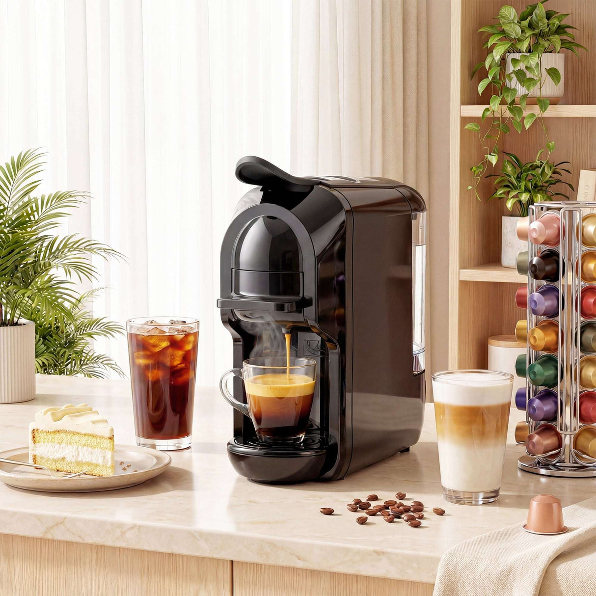 Wise Galleria Coffee Machine brewing espresso with coffee pods on a stylish kitchen countertop