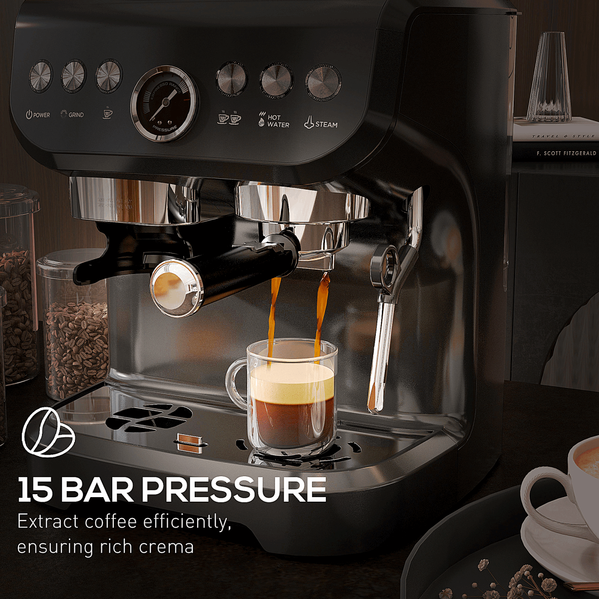Espresso Coffee Machine With Integrated Bean Grinder And Steam Wand HOMCOM