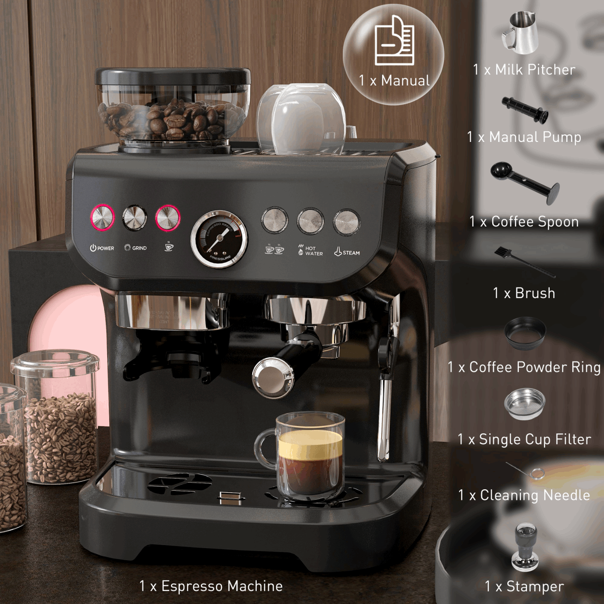 Espresso Coffee Machine With Integrated Bean Grinder And Steam Wand HOMCOM